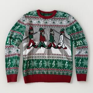 Ugly Christmas Sweater The BEATLES Abbey Road Elves Music Notes Men's Small